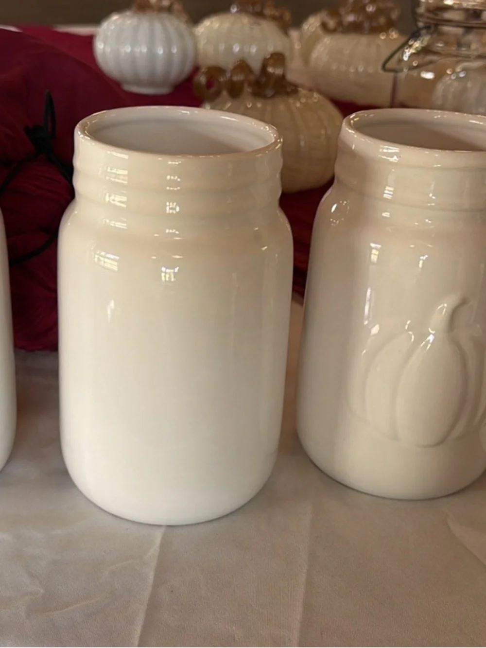 White Ceramic Pumpkin Mason Jar Vases -